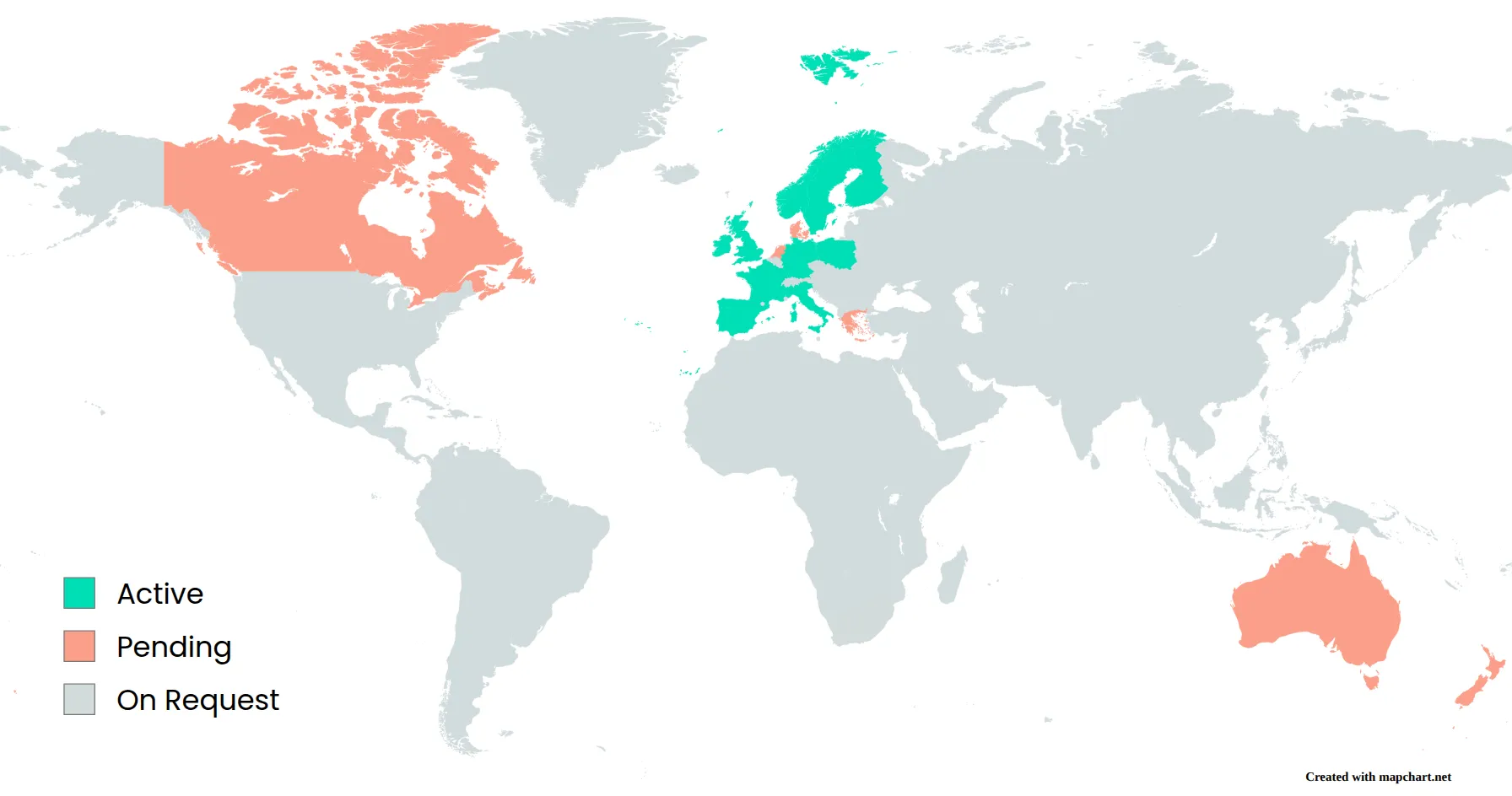 Our Presence map showing active, pending, and on-request regions